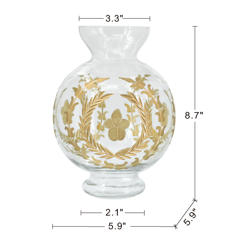 Glass Vase with Gold Floral Motifs - 6"Dia. x 8.5" - Clear/Gold