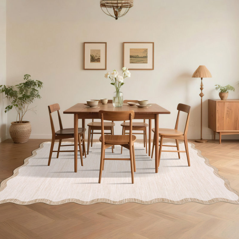 Scalloped Washable Rugs for Living Room Neutral Area Rugs Ultra-Thin Non Slip Large Bedroom Carpet Indoor Stain Resistant Contemporary Carpet for Dining Room Dorm