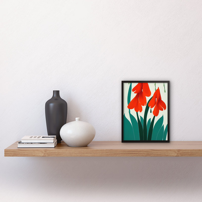 Crimson Red Bloom Wild Flowers Teal Leaves 1 Piece Single Picture Frame Wall Art