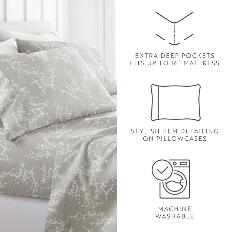 Twin Light Grey Floral Microfiber Sheet Set
