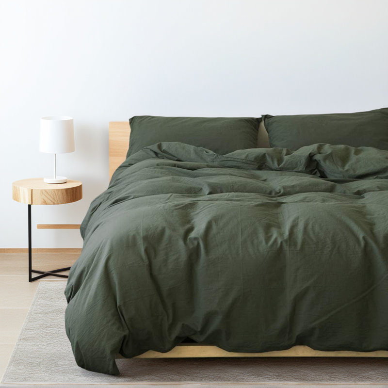 Ensemble de housse de couette douce en coton délavé Boho, Housse de couette grand et 2 taies d'oreiller stan, Vert d’armée