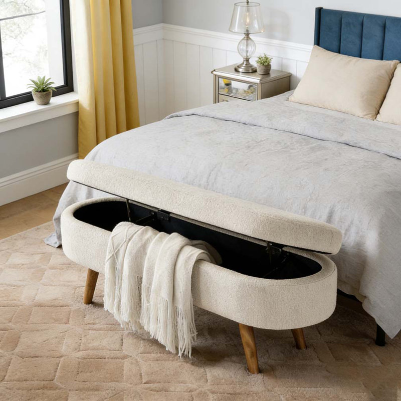 Banc de rangement repose-pieds ovale, pieds en bois d'hévéa, Beige