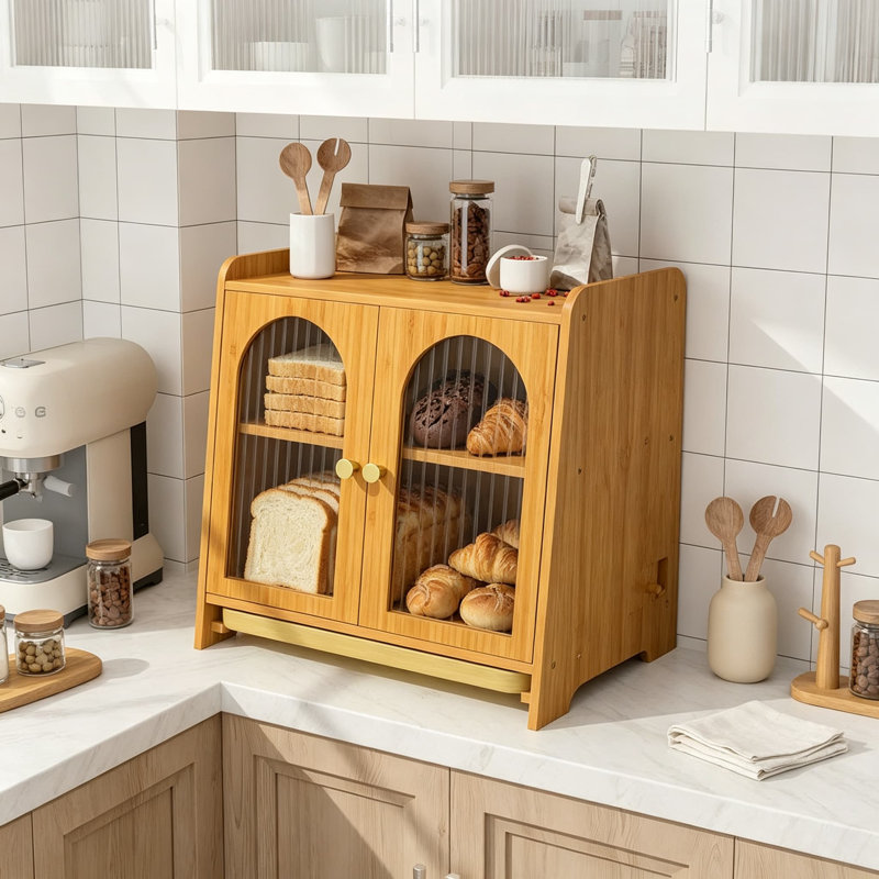 Boîte à pain en bois à double compartiment pour comptoir, avec fenêtre en acrylique, ventilations réglables, planche à découper intégrée et grande capacité de rangement pour pain, viennoiseries et en-cas.