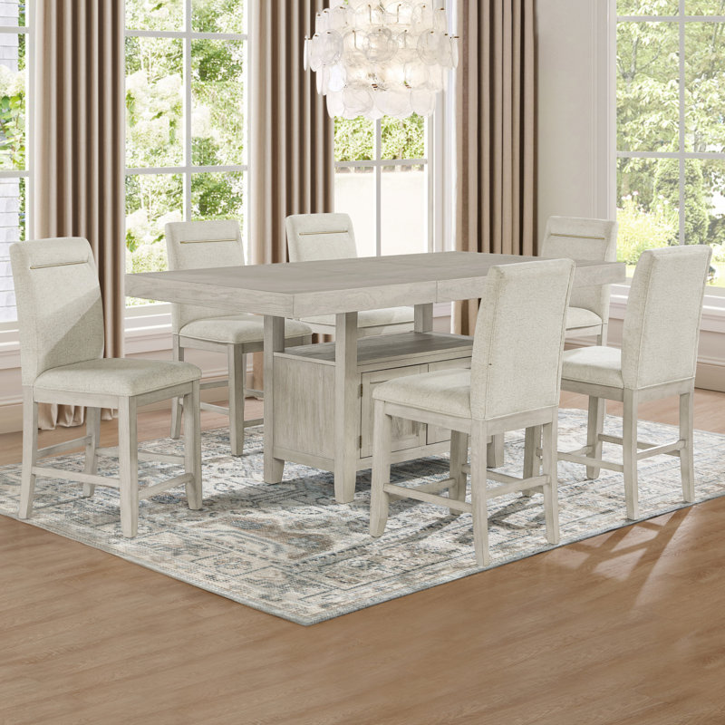 Garland Extendable Counter Dining Set, 7 Pieces: Table, 6 Chairs, Washed Linen/Eggshell