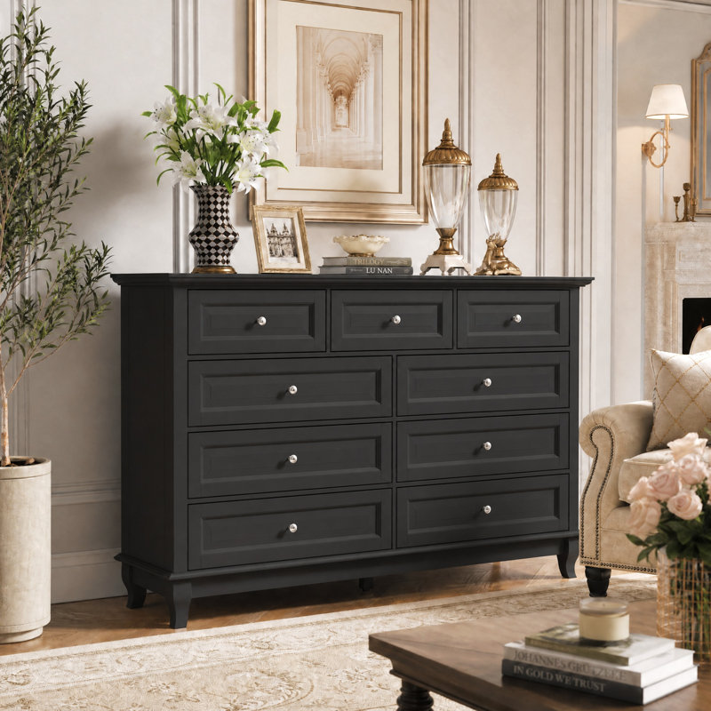 Commode de rangement à 9 tiroirs de 140 cm de large avec glissières métalliques et trousse anti-basculement, Noir