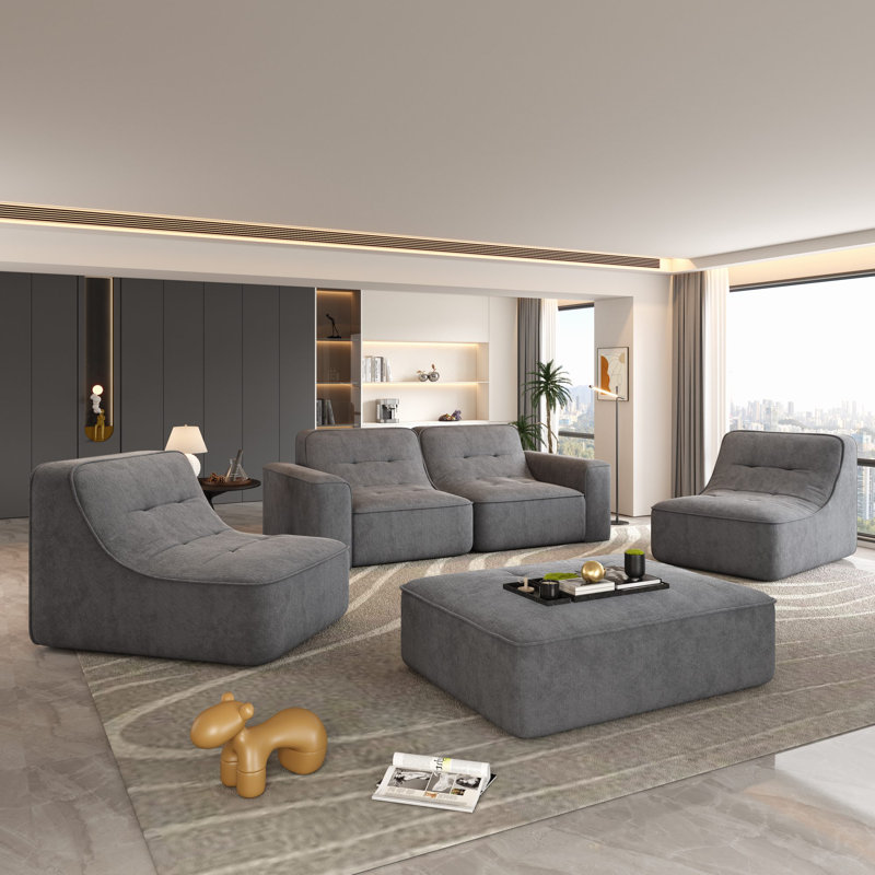 Canapé modulaire en chenille 5 pièces Boneless Evadne, Gris chenille