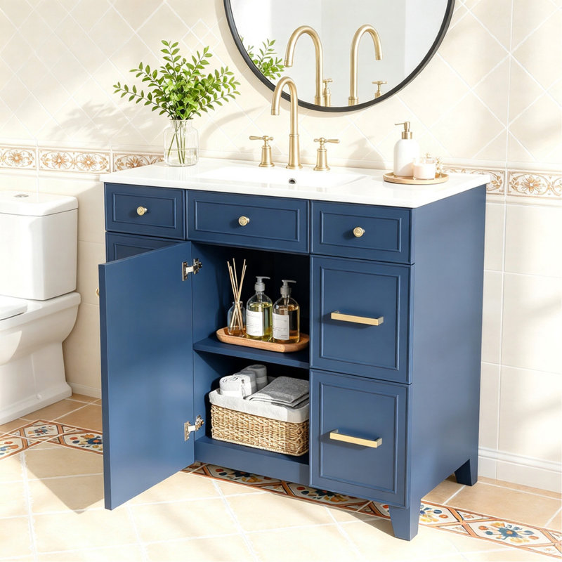 Meuble-lavabo 36 po avec lavabo en céramique, cadre en bois massif bleu, portes à fermeture en douceur, tablettes réglables, 3 tiroirs, y compris un tiroir à double profondeur pour le rangement du sèche-cheveux