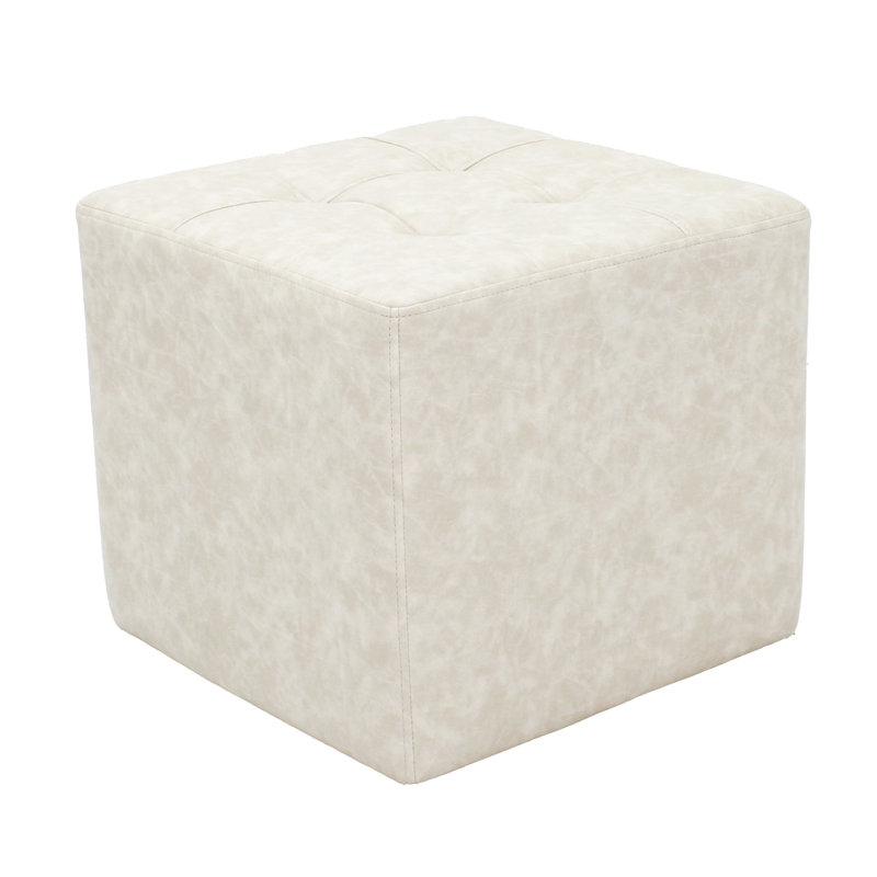 Distressed Tufted Square Ottoman, Ivory Polyurethane