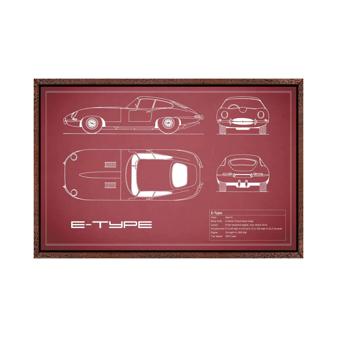 Jaguar E-Type Series 1 Coupe (Maroon) von Mark Rogan - Galerie-verpackte Leinwand Giclée auf Leinwand