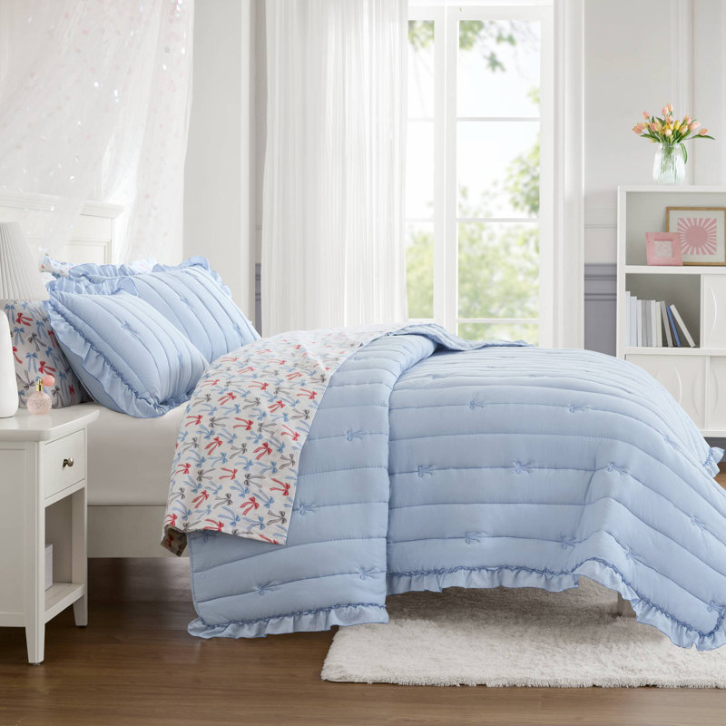 Liv Charming Ruffle Bow Reversible Quilt Set, Blue, Full Quilt