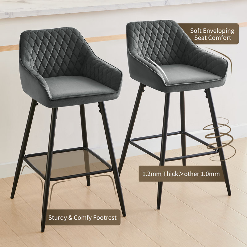 Upholstered Counter Stool with Metal Frame, Grey Velvet