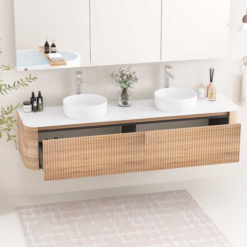Meuble-lavabo mural 72 pouces avec double vasque en céramique, deux tiroirs et porte-serviettes, Honey Oak