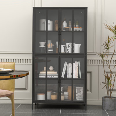 Premium Black Metal Storage Cabinet with Tempered Glass Doors, Adjustable Shelves