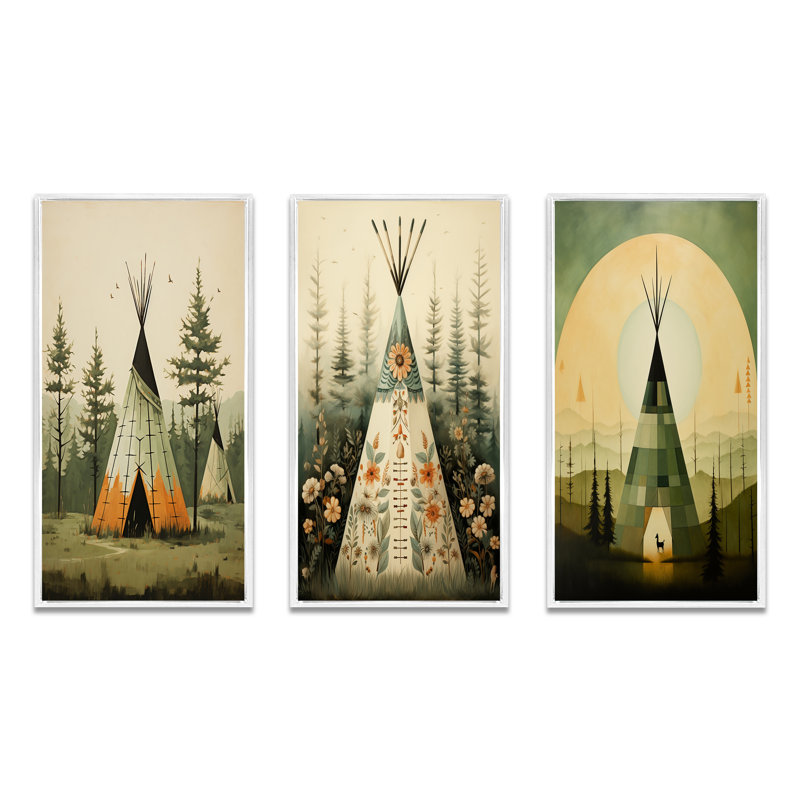 «Green Native Tipi Serenity In Nature», 3 pièces sur toile, H 28 po x l 36 po, Cadre flottant blanc