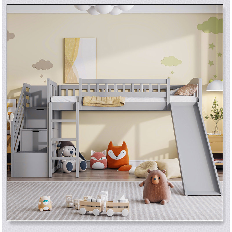 Stairway Loft Bed With Two Drawers And Slide, Gray