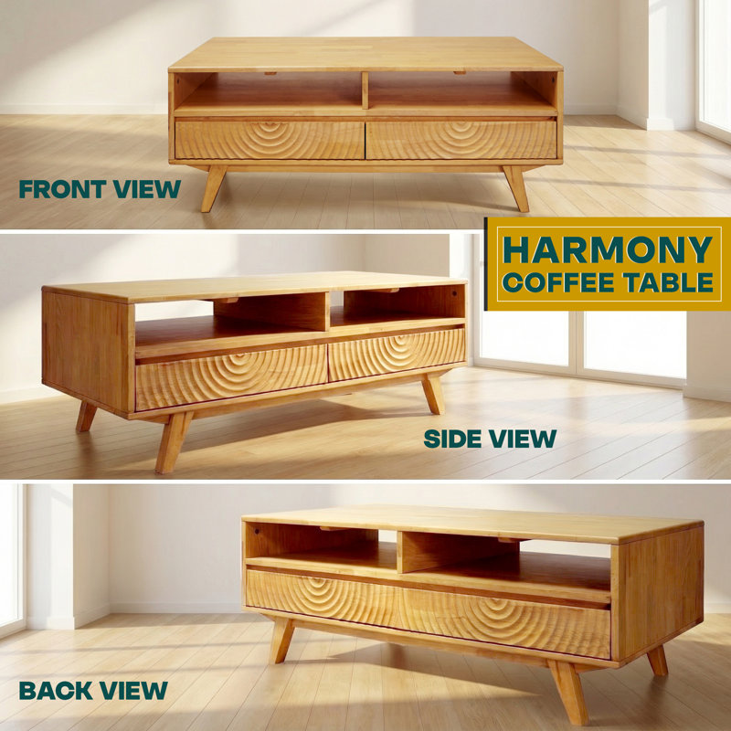  Harmony 47.2”W Coffee Table with Storage, Rectangular Wood Center Table for Living Room, Multiple Colors, Dual Solutions - 2 Smooth Drawers & Open Storage, Natural Oak Finish