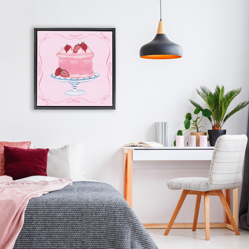 Cadre flottant rose avec gâteau aux fraises, design par Grace Popp, H 18 po x l 18 po, Cadre flottant noir de jais