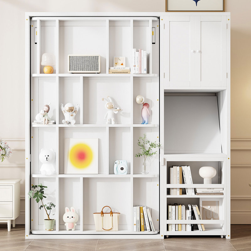  Lit simple escamotable rotatif avec bibliothèque, armoire haute et bureau extensible, canapé-lit peu encombrant, blanc