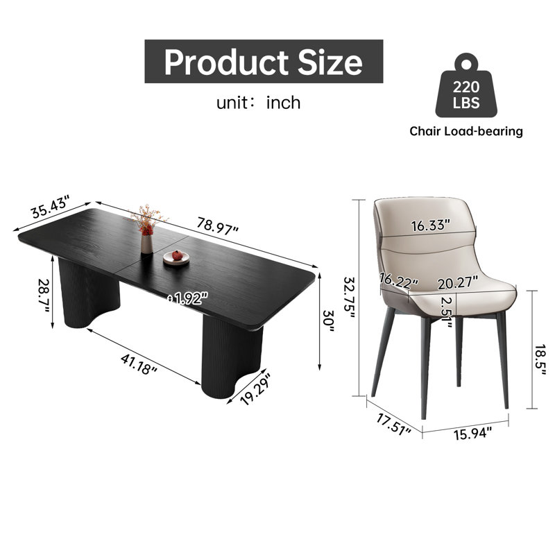 78.97" Modern Rectangle Black Dining Table Set with 8 Chairs for Kitchen, Bar, Living Room, 30"H x 78.97"L x 35.43"W