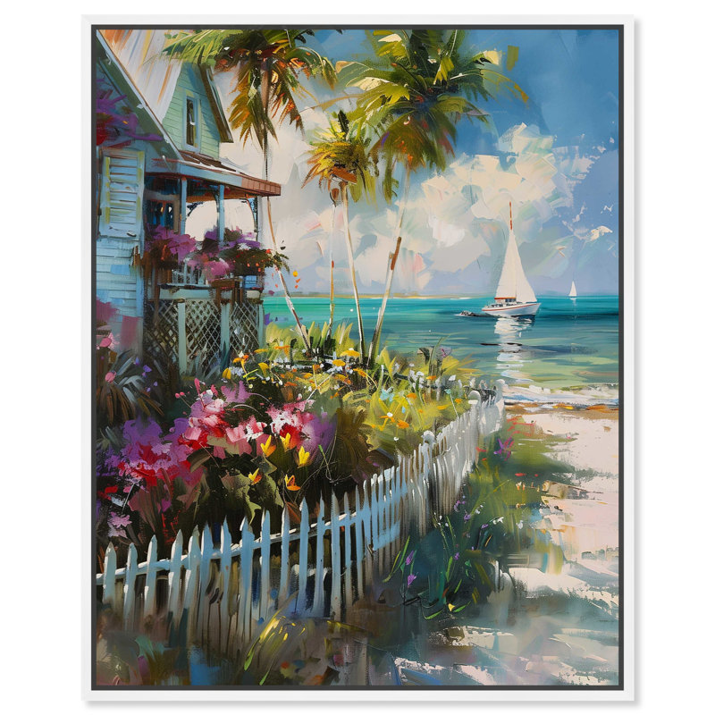 Colorful Coastal Beach House Canvas Print with White Frame