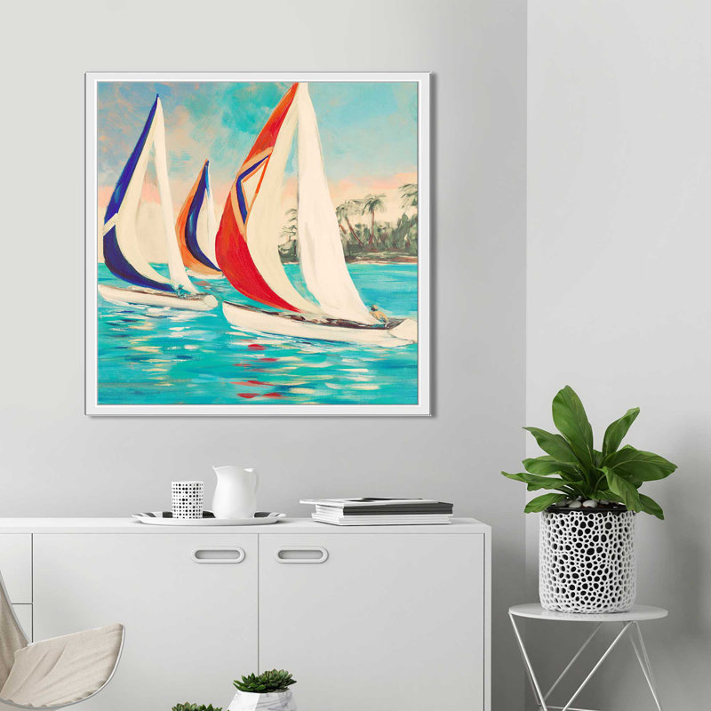 «Sunset Sails II», reproduction de peinture acrylique, H 31,5 po x l 31,5 po x P 2 po, Cadre flottant blanc