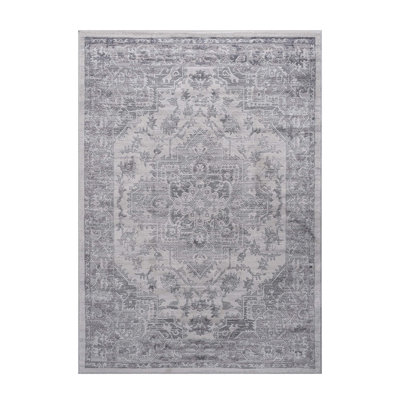 Silver/Oriental Non-Shedding Stain Resistant Area Rug