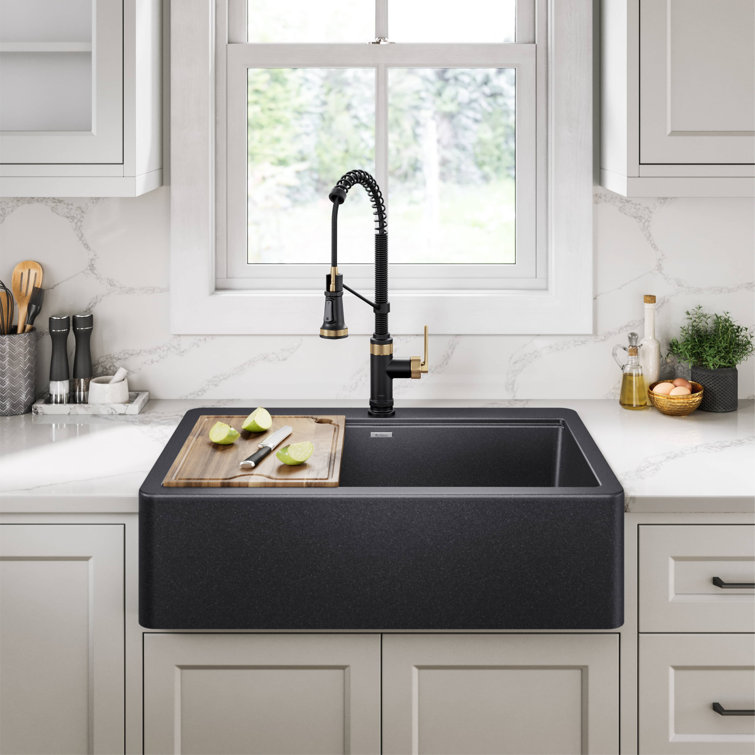 KRAUS Bellucci 33” Workstation Drop In Retrofit Farmhouse Single Bowl Granite Kitchen Sink With Accessories