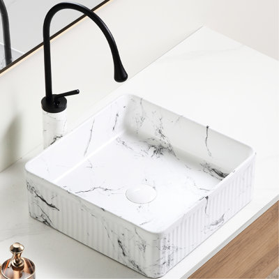 Lavabo de salle de bain en marbre noir et blanc au-dessus du comptoir 15 po, céramique, anti-rayures 15,02 po x 15,02 po x 5,08 po aspect céramique, ultrabrillant