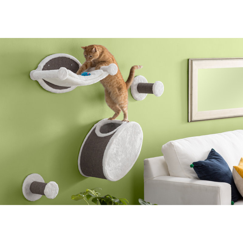 Gray and White Wall Mounted Cat Lounge Set with Hammock and Condo