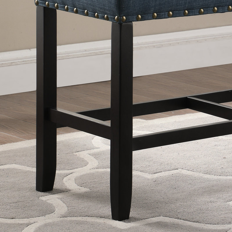 Counter Height Dining Bench In Blue With Blend Fabric And Decorative Appearance Upholstered Solid Hardwood Support Trim, Blue