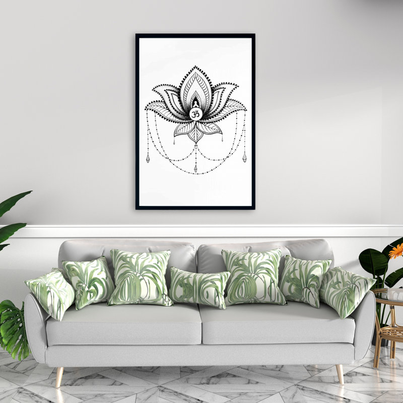 Ethnic Lotus Ornament - Black & White Pattern Framed Canvas