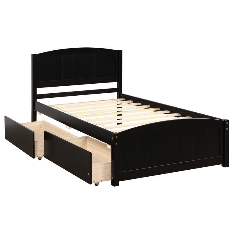 Lit plateforme en bois avec solutions de rangement à deux tiroirs - Fabrication solide pour lit simple, Espresso