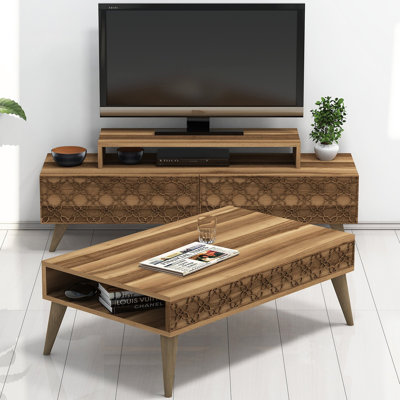 Modern Living Room Furniture Set, Walnut Color, 4-Piece | TV Unit (55.1 x 19.2 x 16.4 in), Coffee Table (41.3 x 14.4 x 23.6 in) | 100% Melamine Coated Particle Board, Wall-Mountable, Geometric Design, Durable Plastic Legs