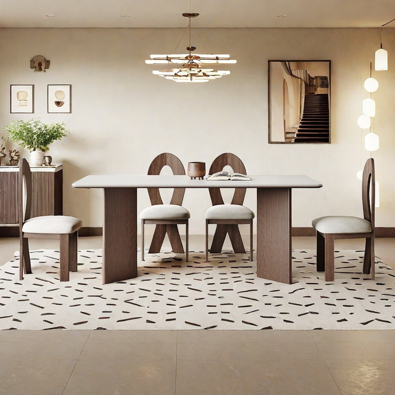 Solid Wood Matte Rock Slab Dining Table Set, 29.52"H x 62.99"L x 31.49"W