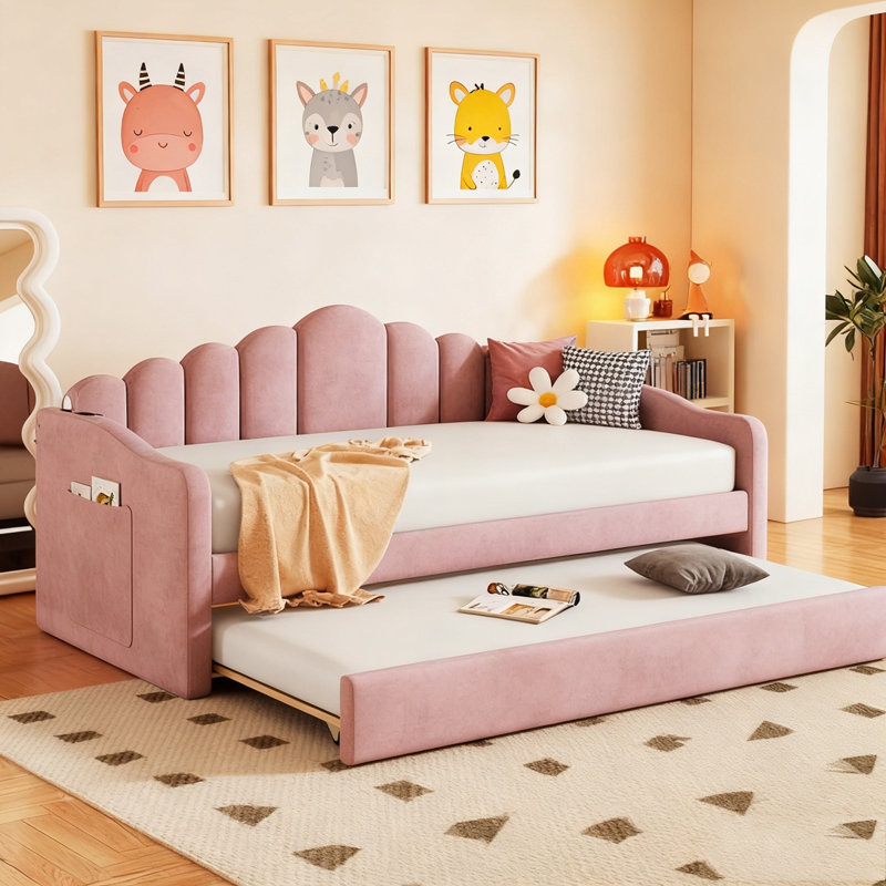 Upholstered Daybed with Trundle ,Velvet Sofabed with USB Charging Ports