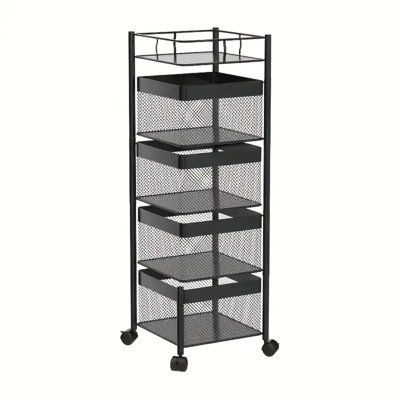 5-tier Rotating Kitchen Storage Shelf With Wheels, Metal Multi-layer Organizer Rack For Vegetable Fruit In Kitchen Bathroom Bedroom, Square Floor-standing Trolley