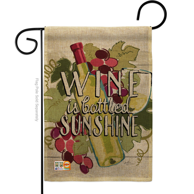 Le vin est en soleil de soleil, heure à & boissons, impression sur 2 côtés en toile jute 18,5 x 13 po drapeau de jardin