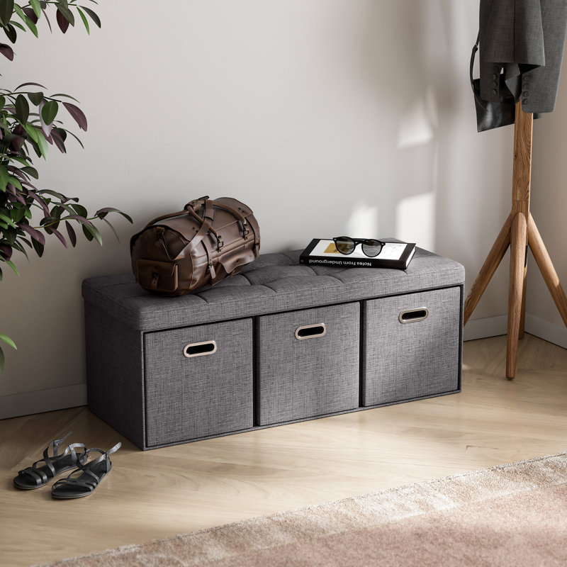 Repose-pieds capitonné avec rangement Kidder, Mélange de lin gris anthracite