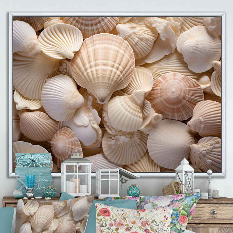 Beige palourde, coquillage, symphonie I - impression, H 30 po x l 40 po x P 1,5 po, Cadre flottant blanc