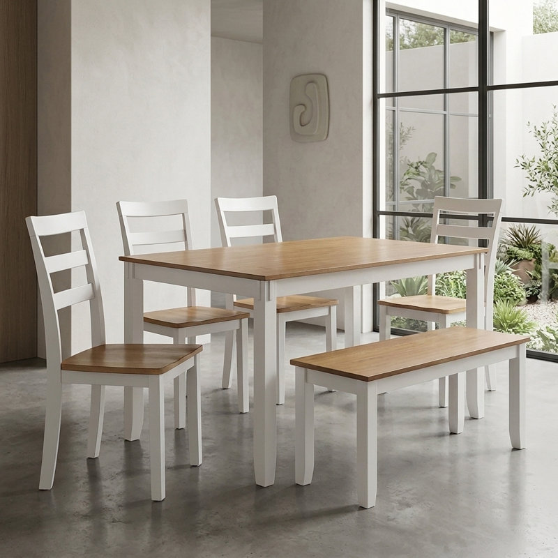 Ensemble de salle à manger 6 pièces avec banc de table et 4 chaises en blanc et chêne