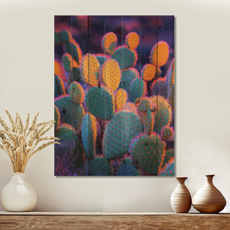Cactus Garden At Sunset In Mexico III - Floral Cactus Wood Wall Decor - On Natural Pine Wood, 20" H x 10" W x 0.78" D