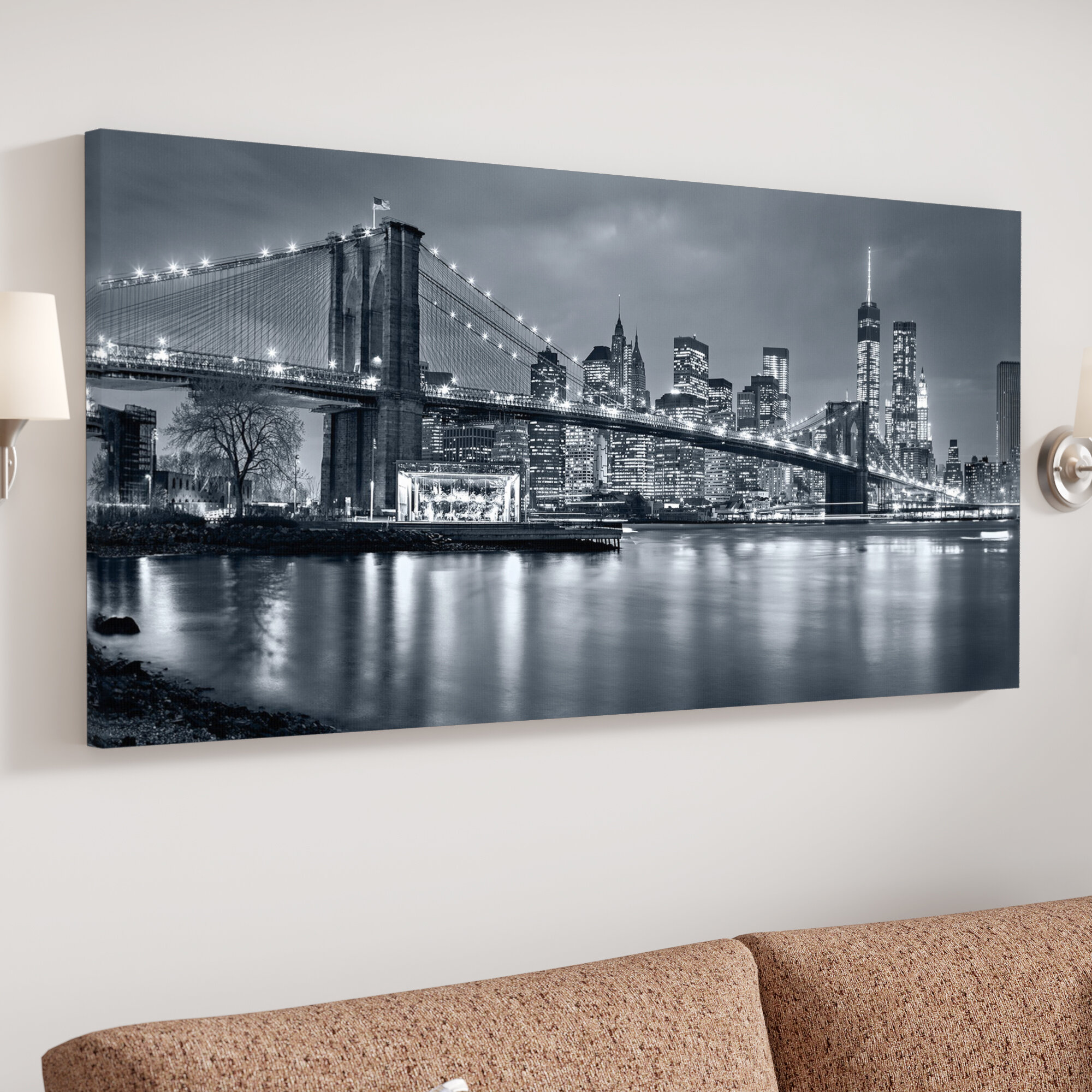 Panorama New York by Night - Quadro da parete con stampa fotografica su  tela, decorazione da parete, paesaggio, decorazione per casa, cucina,  soggiorno, camera da letto adulto, 80 x 30 cm, multicolore 