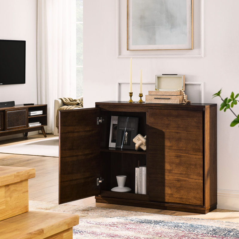 Buffet de couleur noyer avec grand rangement, 39 "9" 31,85 ", style moderne et trous de sortie pour armoire de rangement de salle de bain en grain de bois fin, 2 salons