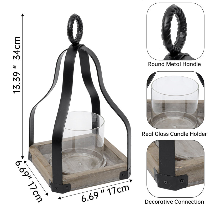 13" Rustic Wood And Metal Candle Lantern