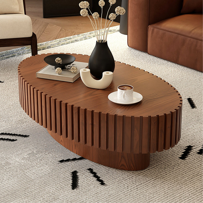 Oval Coffee Table Handcrafted Relief Sturdy Pedestal Wooden Olive-Shaped Tea Table For Living Room, Natural Wood