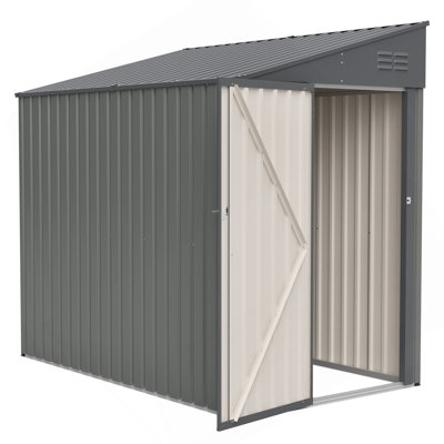 4X7 Foot Lean-To Shed In Olive Grey, Heavy-Duty Steel Outdoor Storage For Garden Tools & Bicycles, Maximize Your Backyard & Patio Space With All-Weather Protection