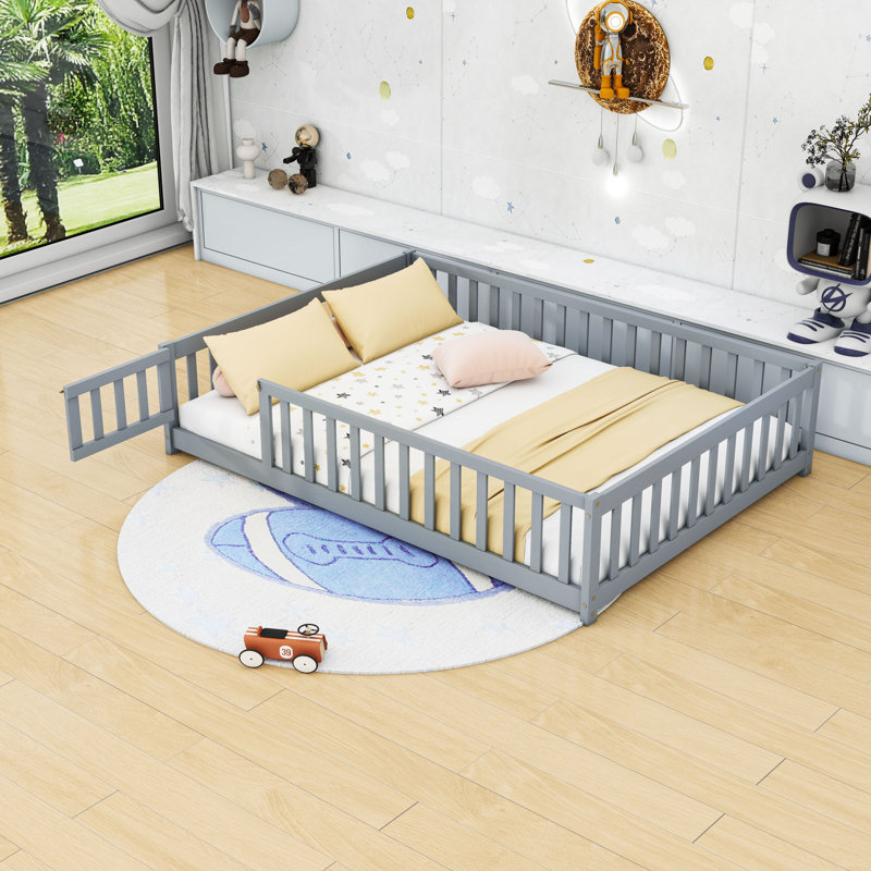 Wooden Floor Bed With Guardrails And Slats, Gray, Full