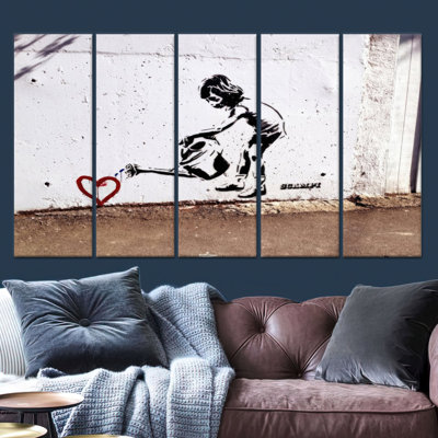 Reproduction d'art sur toile imprimée: "Banksy Children Watering Heart", toile tendue 5P