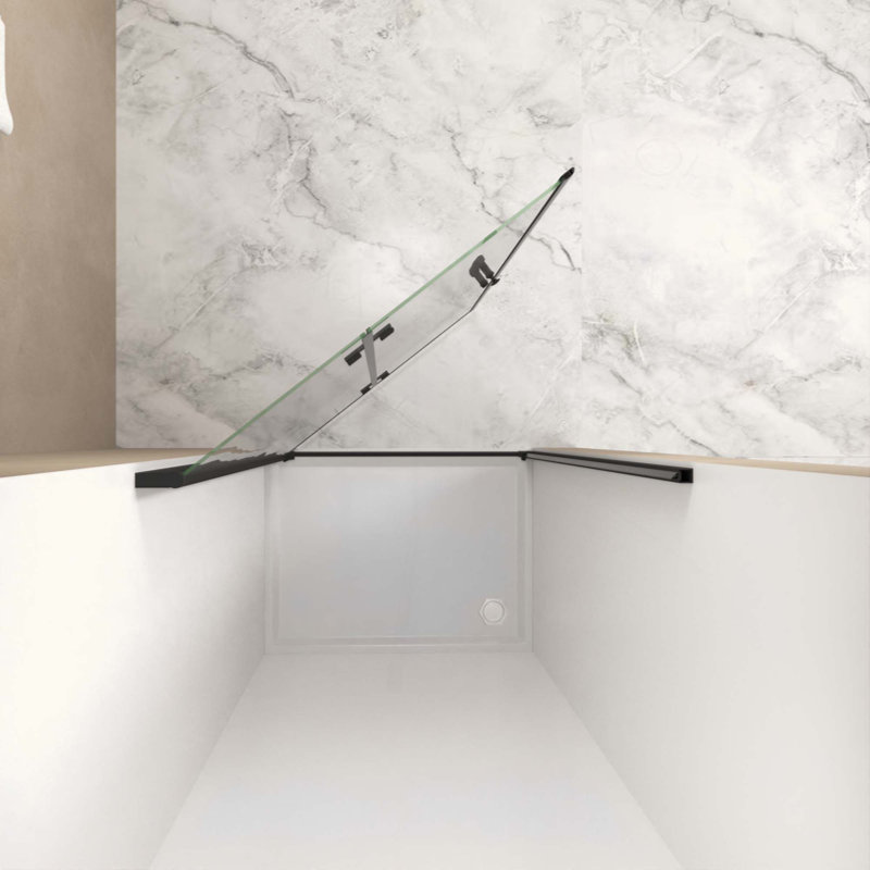 Porte de douche pliante, verre trempé de 1/4 po (6 mm), cadre en aluminium, film antidéflagrant, Noir mat