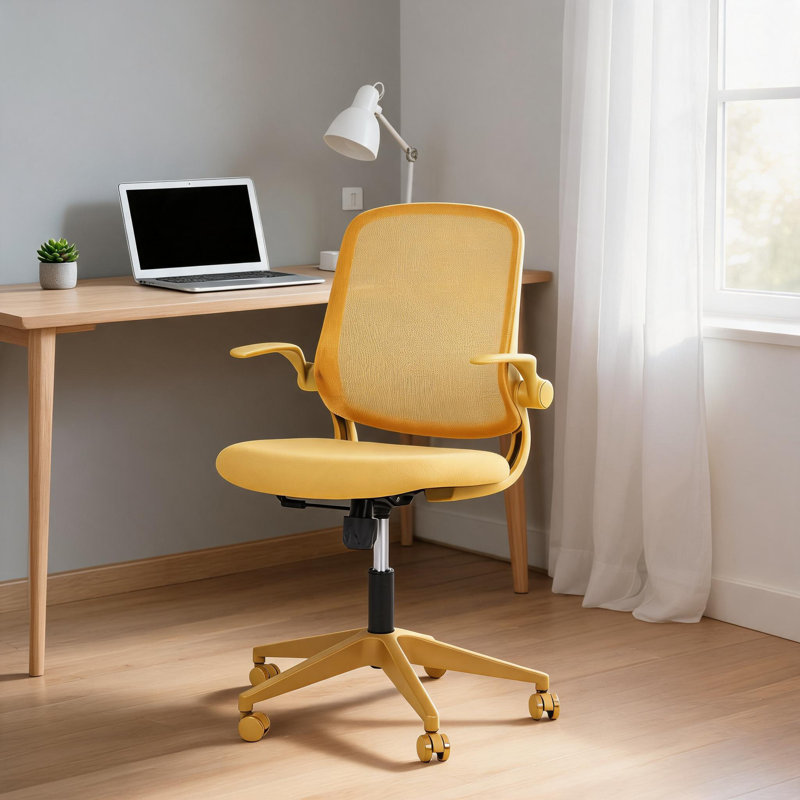 Chaise jaune avec accoudoirs rabattables, chaise de bureau en filet respirant avec support lombaire, chaise d'ordinateur pivotante réglable